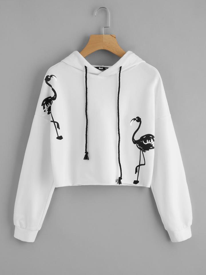 Romwe Flamingo Print Drop Shoulder Hoodie