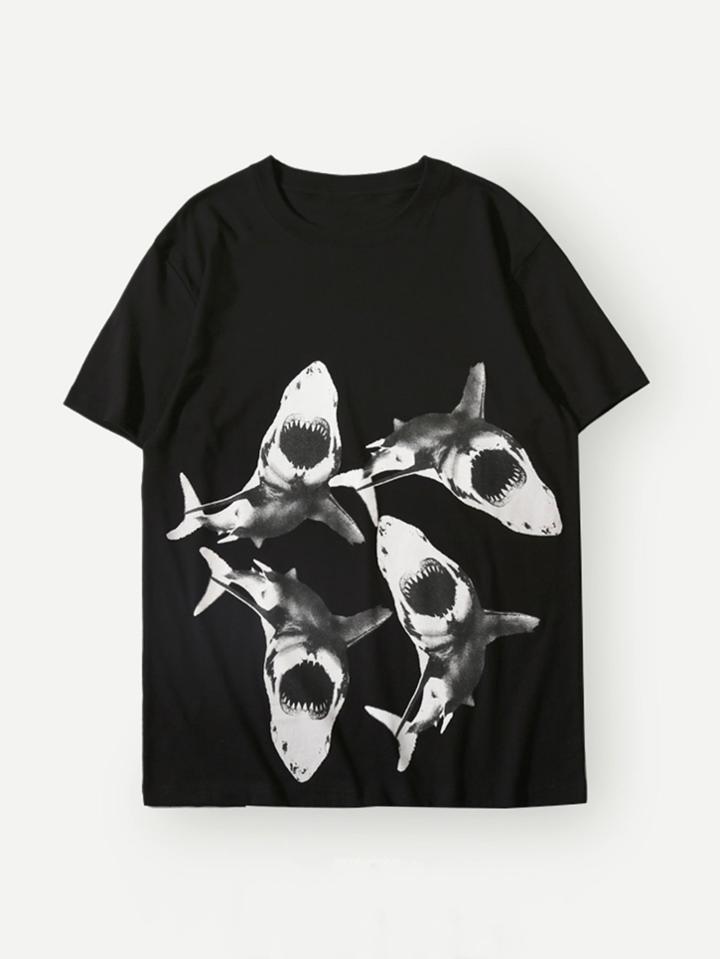 Romwe Men Shark Print Tee