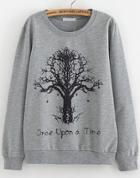 Romwe Tree Print Loose Grey Sweatshirt