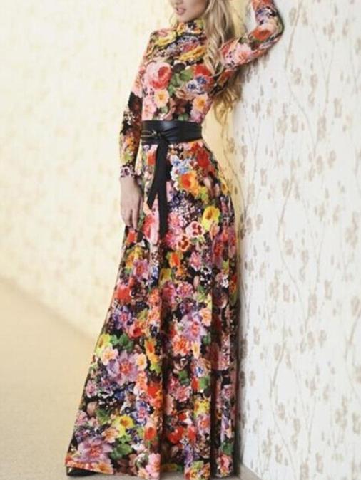 Romwe Polo Neck Florals Maxi Black Dress