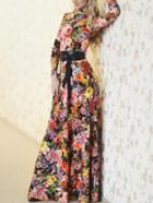 Romwe Polo Neck Florals Maxi Black Dress