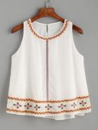 Romwe White Embroidered Buttoned Keyhole Back Top