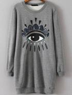 Romwe Eye Pattern Embroidered Grey Sweatshirt
