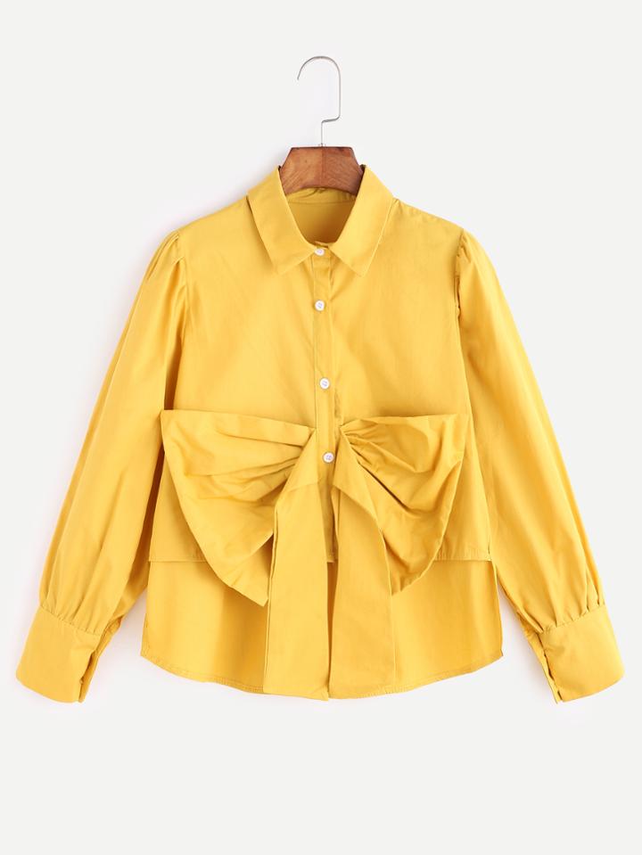 Romwe Yellow Bow Trim Button Front Shirt