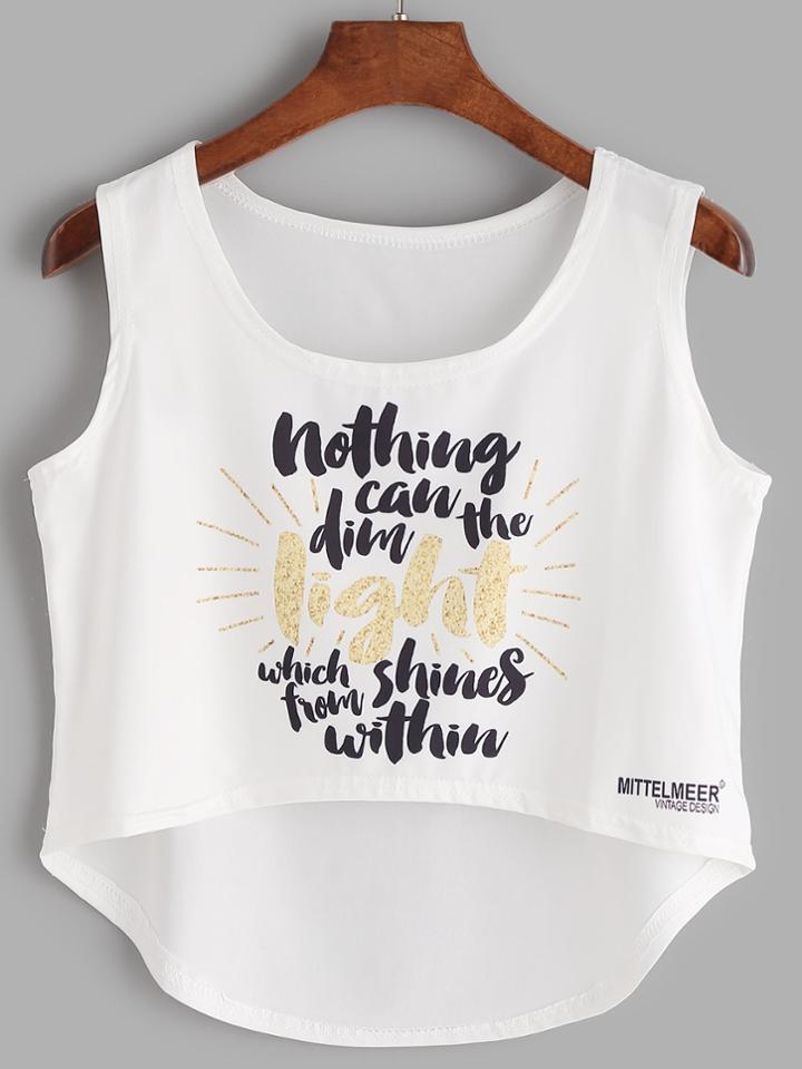 Romwe White Slogan Print High Low Tank Top