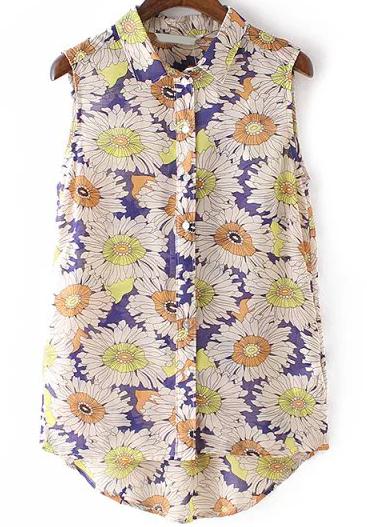 Romwe Blue Lapel Sleeveless Daisy Print Dip Hem Blouse