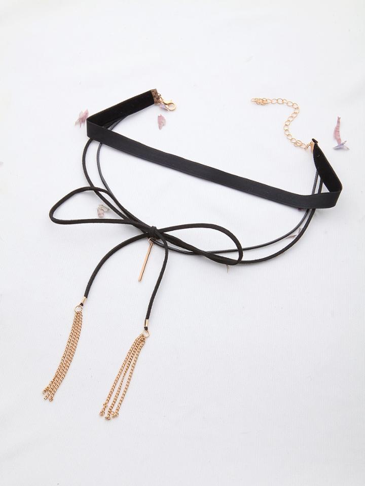 Romwe Black Warp Choker With Tassel