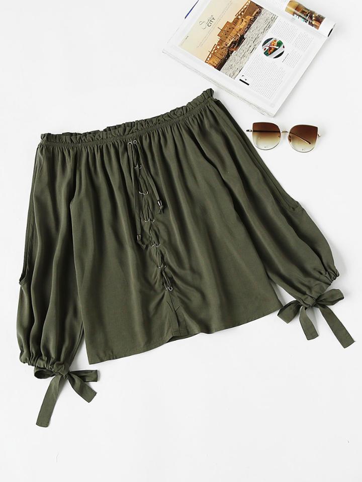Romwe Bardot Bow Tie Sleeve Eyelet Lace Up Top