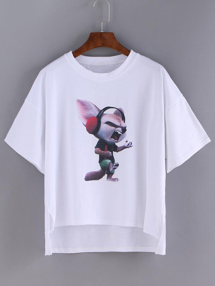 Romwe White Cartoon Zootopia Print Dip Hem T-shirt