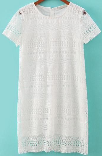 Romwe White Short Sleeve Hollow Lace Slim Dress