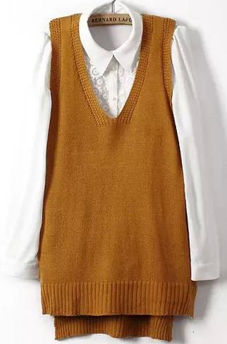Romwe V Neck Dip Hem Loose Camel Vest