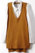 Romwe V Neck Dip Hem Loose Camel Vest