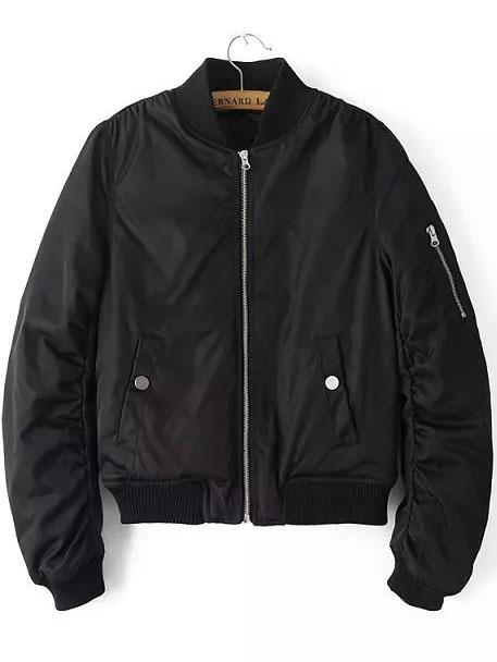 Romwe Stand Collar Zipper Crop Black Coat