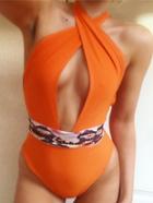 Romwe Keyhole Cross Wrap Halter Backless Swimsuit - Orange
