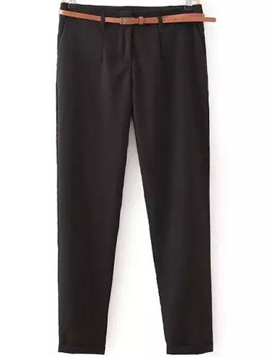 Romwe Women Slim Black Pant With Belt