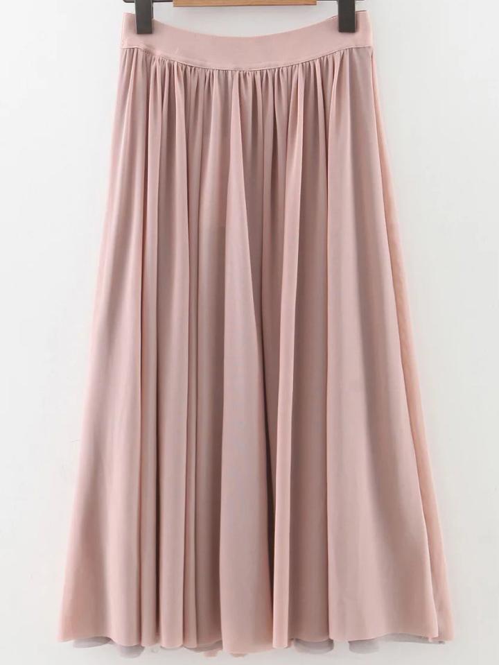 Romwe Pink Pleated Elastic Waist Midi Skirt