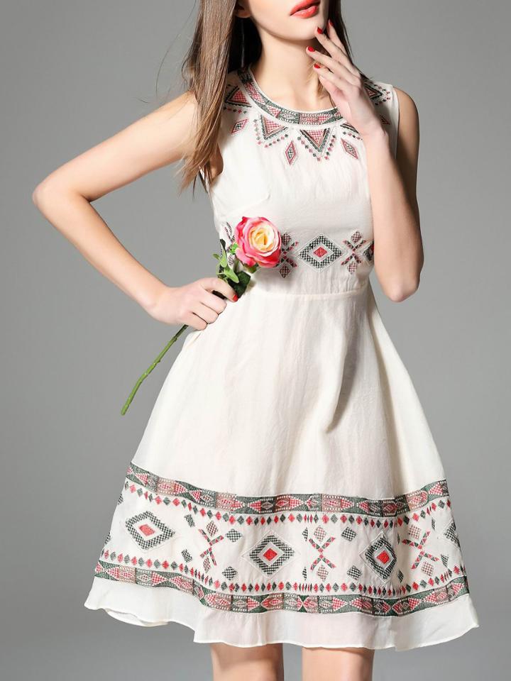 Romwe Apricot Crew Neck Embroidered A-line Dress