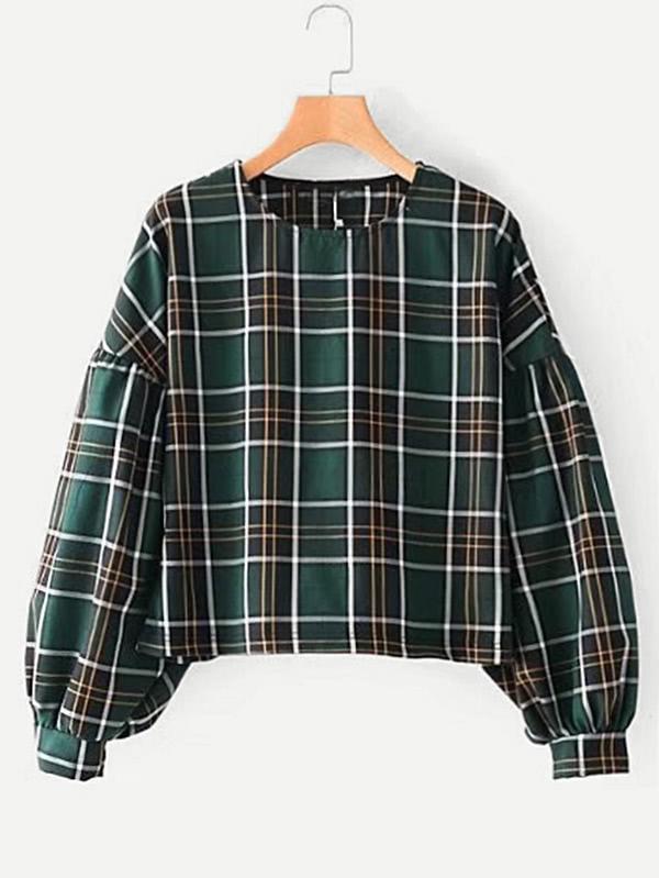 Romwe Lantern Sleeve Plaid Blouse