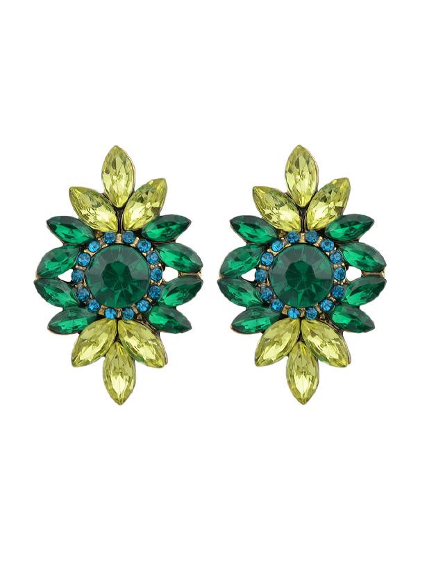 Romwe Green Vintage Rhinestone Flower Earrings