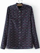 Romwe Stand Collar Dog Print Pockets Navy Blouse