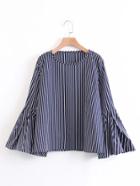 Romwe Pleated Bell Sleeve Striped Blouse