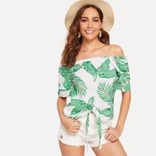 Romwe Knot Front Tropical Print Bardot Top
