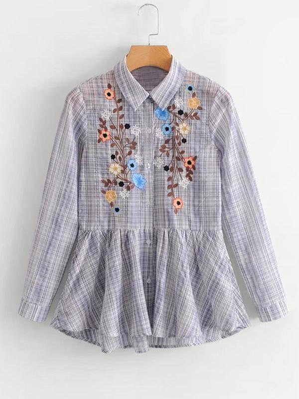 Romwe Flower Embroidery Plaid Peplum Blouse