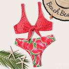 Romwe Knot Front Top With Random Watermelon Print Bikini Set