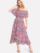 Romwe Mixed Print Tiered Ruffle Bardot Dress
