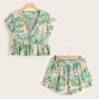 Romwe Plus Tropical Print Peplum Blouse & Shorts