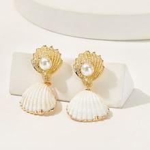 Romwe Faux Pearls Double Shell Drop Earrings 1pair
