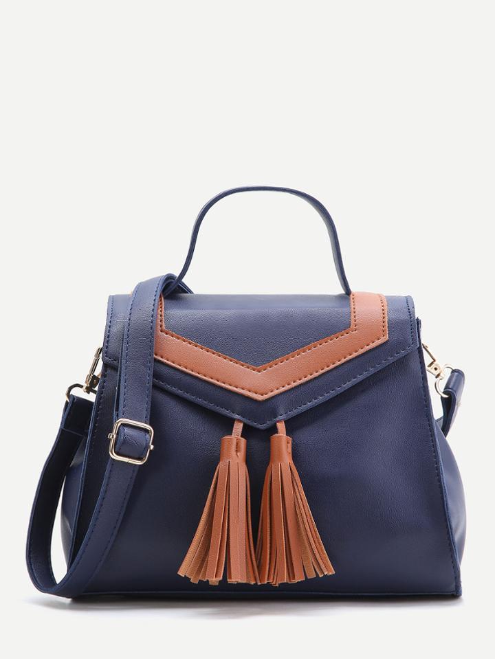Romwe Navy Satchel Bag With Contrast Tassel