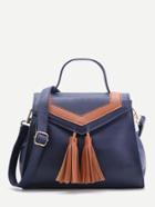 Romwe Navy Satchel Bag With Contrast Tassel