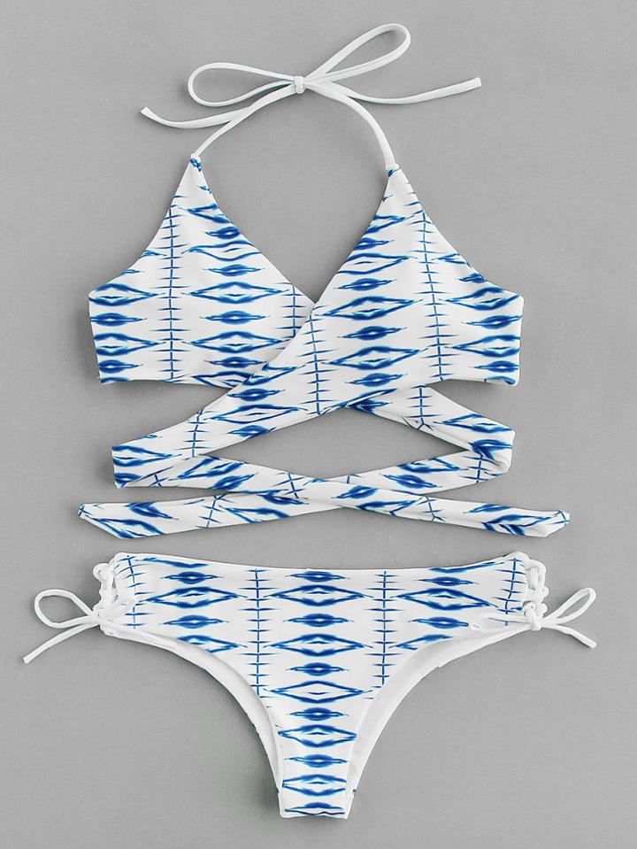 Romwe Graphic Print Side Tie Wrap Bikini Set