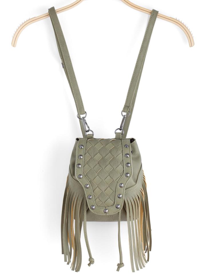 Romwe Green Drawstring Tassel Plait Backpacks