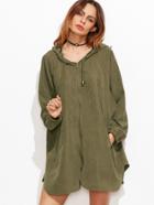 Romwe Olive Green Zipper Front Hooded Raglan Sleeve Swing Coat