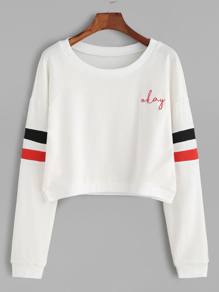 Romwe White Varsity Stripe Letter Embroidered Crop Sweatshirt