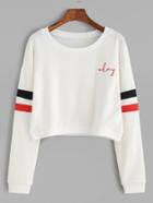 Romwe White Varsity Stripe Letter Embroidered Crop Sweatshirt