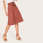 Romwe Button Front Dual Pocket Belted Paperbag Skirt