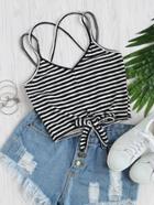 Romwe Striped Knot Front Criss Cross Cami Top