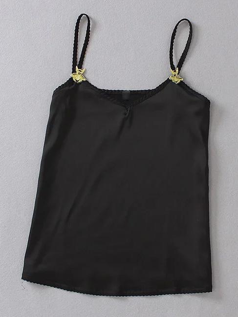 Romwe Black V Neck Bee Embroidery Cami Top