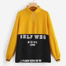 Romwe Half Zip Placket Color-block Letter Pullover