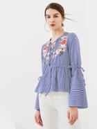 Romwe Flower Patch Trumpet Sleeve Lace Up Peplum Top