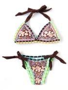 Romwe Crochet Trim Floral Print Side Tie Bikini Set