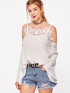 Romwe White Lace Trim Cold Shoulder Bell Sleeve Top