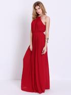 Romwe Wine Red Evening Sleeveless Halterneck Pleated Infinity Maxi Dress