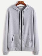 Romwe Light Grey Contrast Zip Drawstring Hooded Pocket Sweatshirt