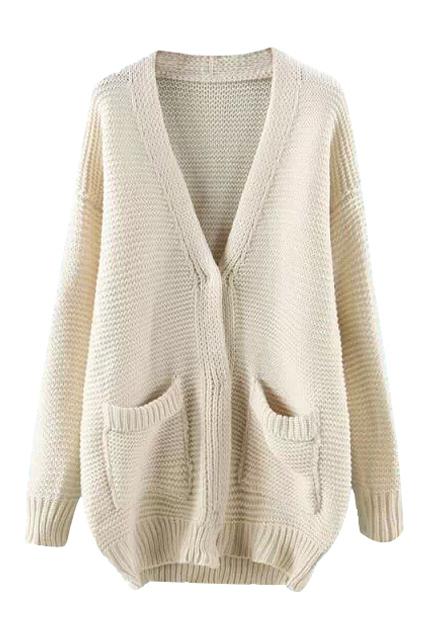 Romwe Romwe Pocketed V-neck Cream Cardigan