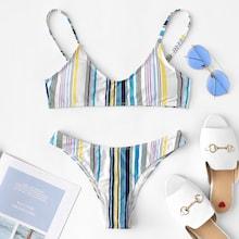Romwe Striped Pattern Thin Strap With Seam Detail Bikini