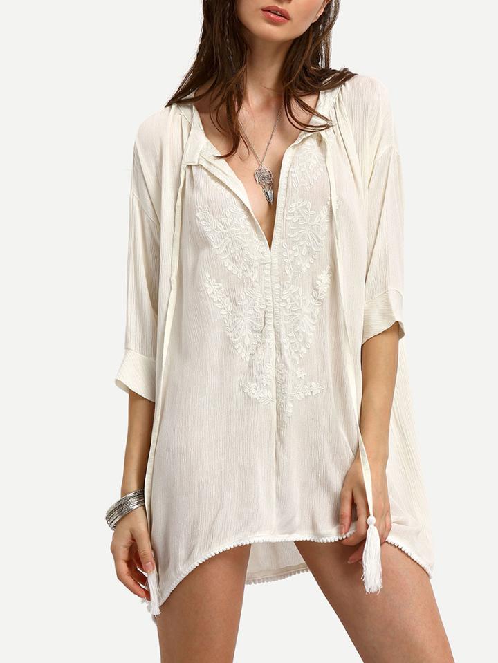 Romwe Beige Dropped Shoulder Seam Embroidered Shirt